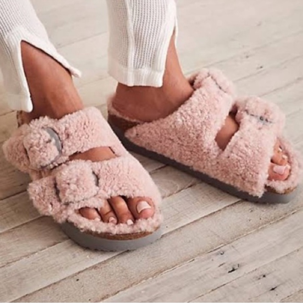 New Birkenstock c Papillio Arizona Shearling Slide Platform Sandal Pink Sz 40 9